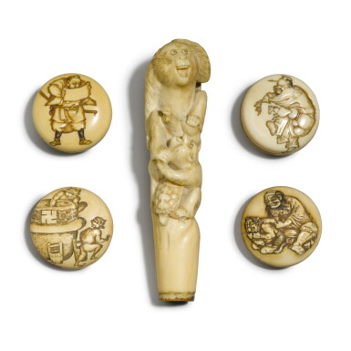 View full screen - View 1 of Lot 58. An ivory cane handle and four manju, Meiji period, late 19th century.