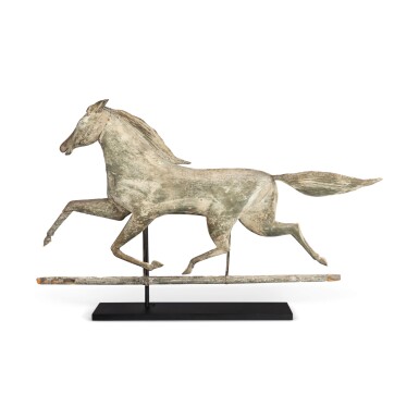 View full screen - View 1 of Lot 3. VERY FINE AND RARE CARVED FULL BODIED PINE HORSE WEATHERVANE, NORTHEASTERN UNITED STATES, LATE 19TH CENTURY.