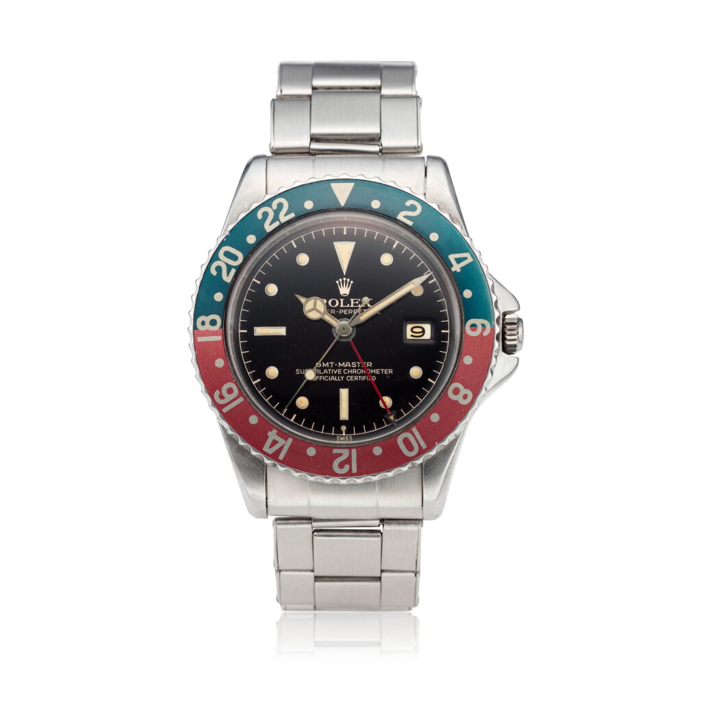 View full screen - View 1 of Lot 115. Reference 1675 GMT-Master 'Pepsi', A stainless steel automatic dual time wristwatch with date, bracelet and gilt dial, Circa 1960 勞力士 1675 型號 GMT-Master 'Pepsi' 精鋼自動上鏈兩地時間鍊帶腕錶備日期顯示,配鍍金錶盤,約1960年製.