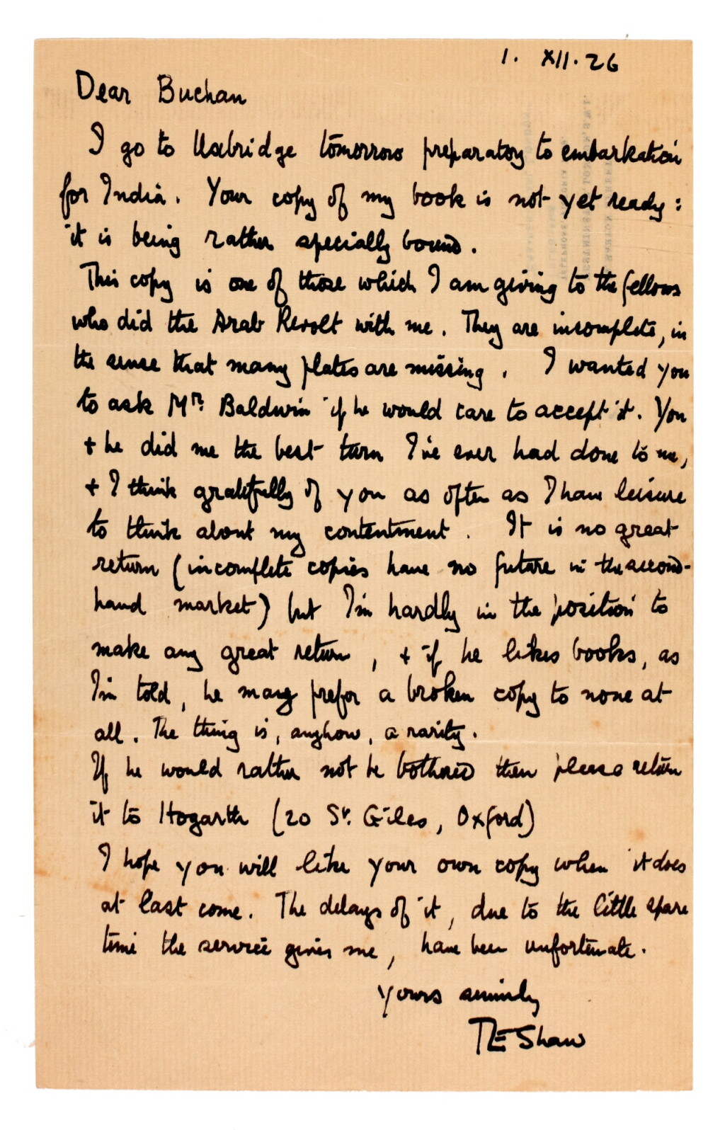 View full screen - View 1 of Lot 69. T.E. LAWRENCE | autograph letter signed, to John Buchan, 1926.