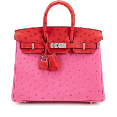 View full screen - View 1 of Lot 16. Limited Edition Rose Tyrien and Rouge Vif Ostrich Touch Birkin 25 Palladium Hardware, 2022.