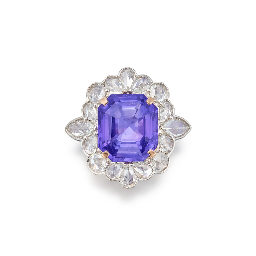 View full screen - View 1 of Lot 15. Color-Change Sapphire and Diamond Ring | 變色藍寶石及鑽石戒指.