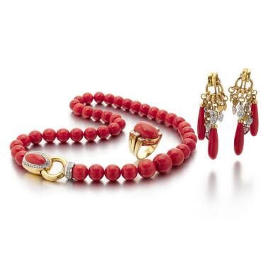 View full screen - View 1 of Lot 113. Coral diamond necklace, pendant ear clips and a ring (Collana, paio di orecchini pendenti e anello in corallo e diamanti).