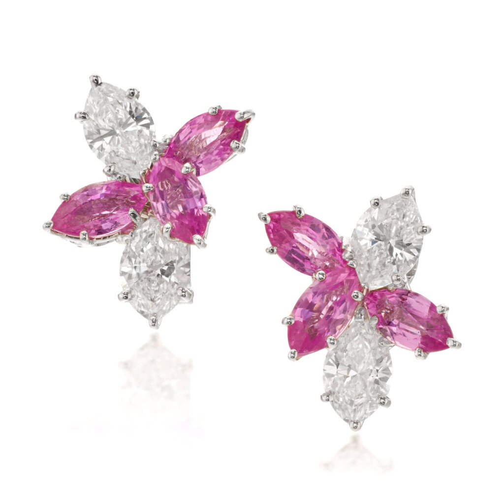 View full screen - View 1 of Lot 970. Pair of Pink Sapphire and Diamond Earclips.