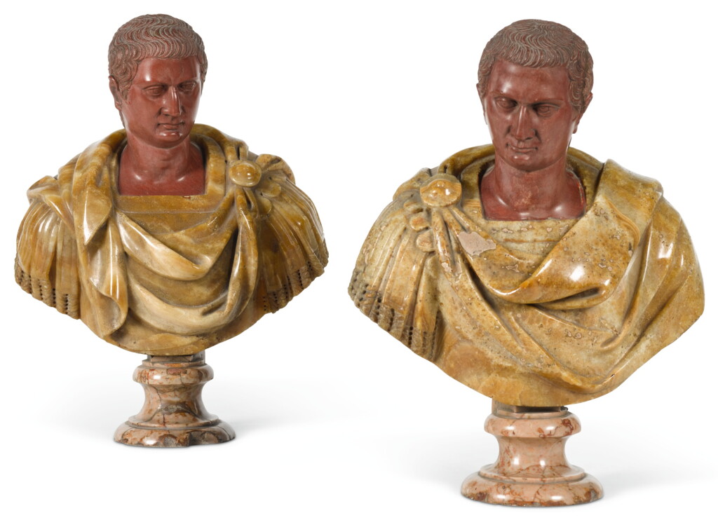 View full screen - View 1 of Lot 58. ITALIAN, ROME, 18TH CENTURY AFTER THE ANTIQUE | Pair of Busts of Roman Emperors.