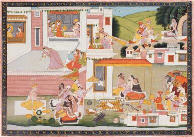 View full screen - View 1 of Lot 190. An illustration from a Ramayana series: A feast organised by King Dasharatha for the rishis, attributable to Purkhu and his family workshop, North India, Kangra, circa 1800-20.