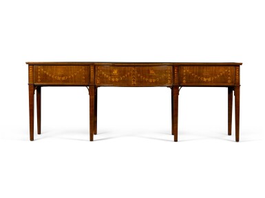 View full screen - View 1 of Lot 166. An Irish George III chequerbanded mahogany and marquetry bow-front sideboard, circa 1800.