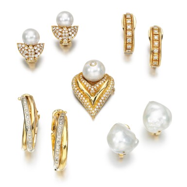 View full screen - View 1 of Lot 136. Cultured pearl and diamond brooch and four pairs of ear clips, one pair Cartier.