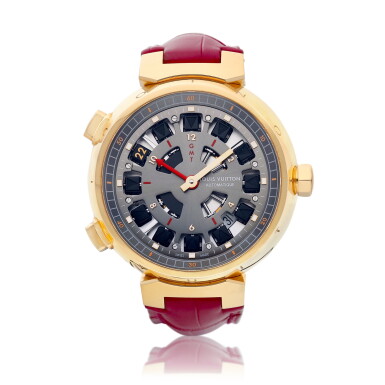 View full screen - View 1 of Lot 8157. Tambour Spin Time Air, Reference Q10C5 | A pink gold dual time zone jumping hour semi-skeletonised wristwatch, Circa 2018 | 路易威登 | Tambour Spin Time Air 型號Q10C5 | 粉紅金兩地時間跳時半鏤空腕錶,約2018年製.