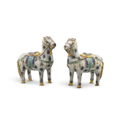 View full screen - View 1 of Lot 510. A rare pair of cloisonné enamel horses, Qing dynasty, 18th century 清十八世紀 銅胎掐絲琺瑯小馬一對.