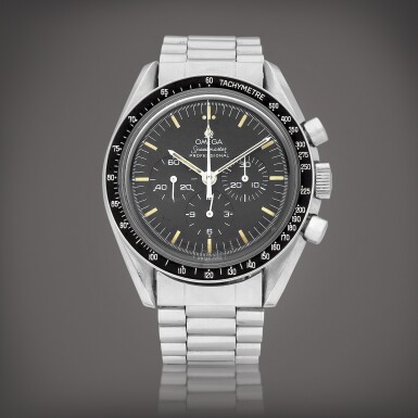 View full screen - View 1 of Lot 732. Speedmaster, Reference 145012-68 SP | A stainless steel chronograph wristwatch with bracelet, Circa 1968 | 歐米茄 | 超霸系列 型號145012-68 SP | 精鋼計時鏈帶腕錶,約1968年製.