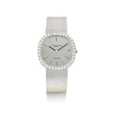 View full screen - View 1 of Lot 74. AUDEMARS PIGUET | A WHITE GOLD AND DIAMOND-SET BRACELET WATCH WITH DATE, CIRCA 1970.