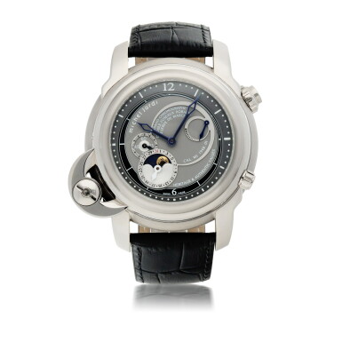 View full screen - View 1 of Lot 407. MICHEL JORDI | HERITAGE & TRADITION LIMITED EDITION SWIVELING WHITE GOLD SINGLE-BUTTON CHRONOGRAPH WRISTWATCH WITH DATE, MOON PHASES AND POWER-RESERVE INDICATION CIRCA 2005.