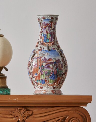 View full screen - View 1 of Lot 45. Two Chinese Export Famille-Rose Mandarin Palette Vases, Qing Dynasty, Qianlong Period, Circa 1785 | 清乾隆 粉彩松鼠葡萄浮雕人物圖瓶兩件.