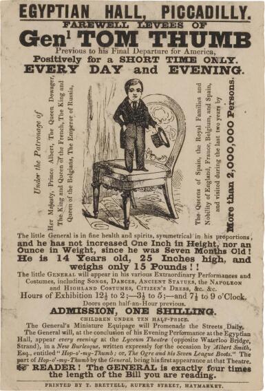 View full screen - View 1 of Lot 591. General Tom Thumb (Charles Sherwood Stratton) | "The General is exactly four times the length of the Bill you are reading.".
