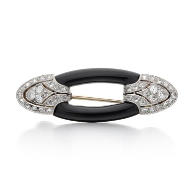 View full screen - View 1 of Lot 379. Onyx and diamond brooch, 1920s.