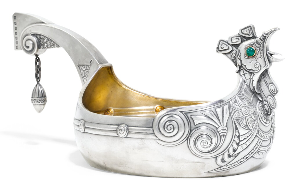 View full screen - View 1 of Lot 425. A GEM-SET SILVER KOVSH, PROBABLY ADRIAN IVANOV, MOSCOW, 1908-1917.