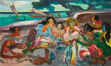 View full screen - View 1 of Lot 45. Hendra Gunawan 亨德拉·古拿溫 | Fish market on the beach 沙灘上的魚市場.