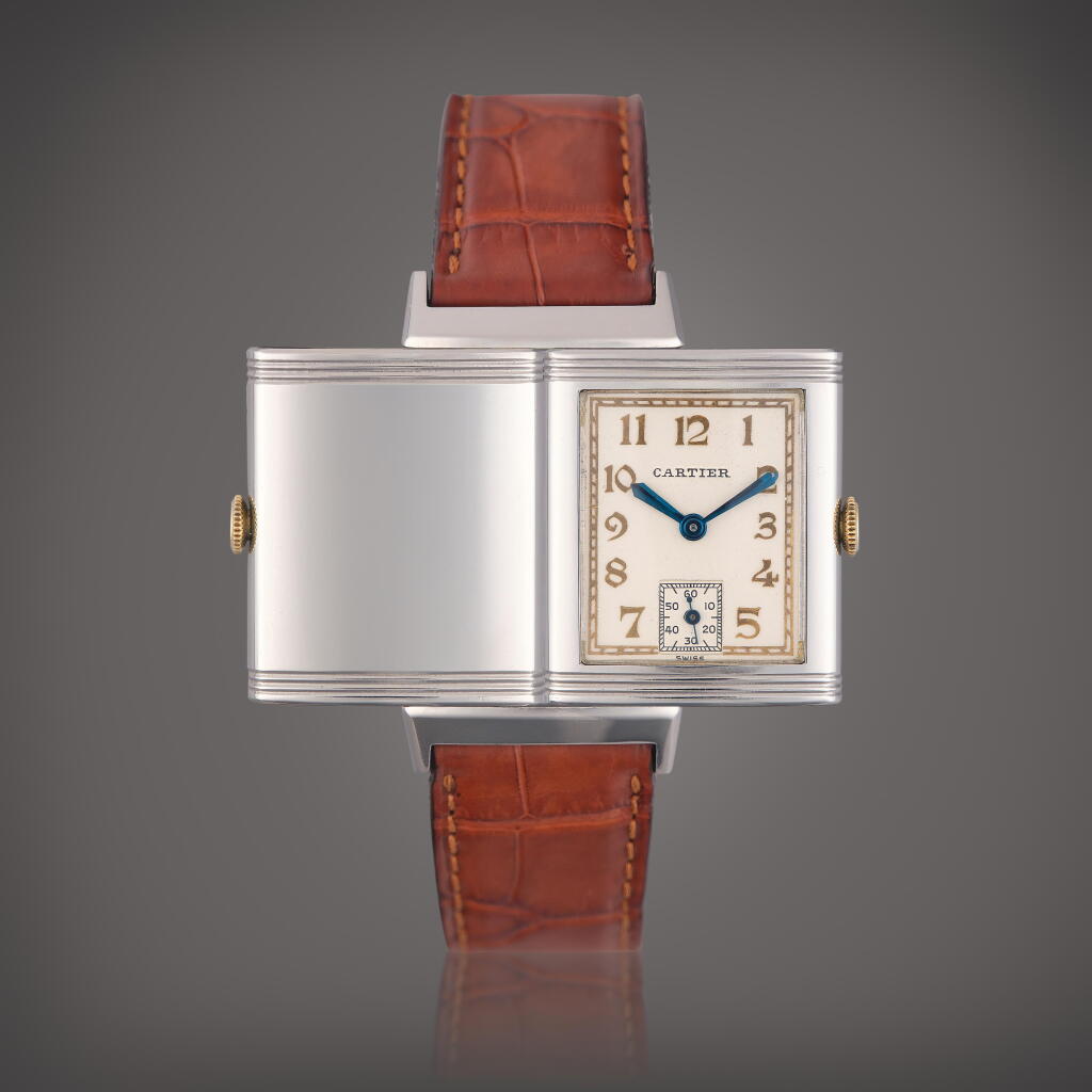 View full screen - View 1 of Lot 40. Reverso | A rare stainless steel rectangular reversible wristwatch, Circa 1940.