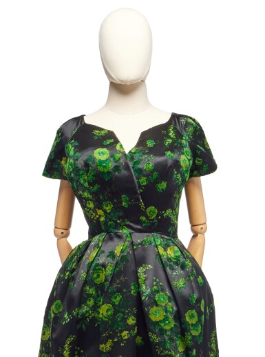 View full screen - View 1 of Lot 98. Demi-Couture Green and Black Velvet Floral Cocktail Dress, 1950s.