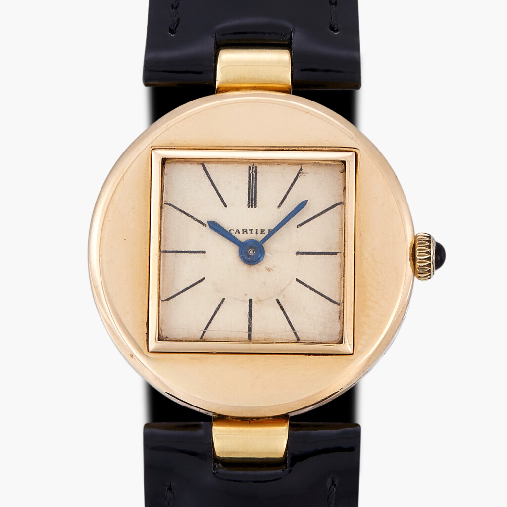 View full screen - View 1 of Lot 51. Pebble | A very rare yellow gold wristwatch with geometric off-set dial | Circa 1948.