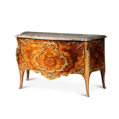 View full screen - View 1 of Lot 24. A Louis XV gilt-bronze mounted satinwood and amaranth veneered commode, circa 1750, stamped by BVRB, from the château de Bellevue | Commode en placage de satiné, amarante et bronze doré d'époque Louis XV, vers 1750, estampillle de BVRB, provenant du château de Bellevue.