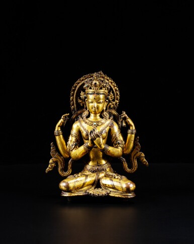 View full screen - View 1 of Lot 50. A rare gilt-copper figure of Prajnaparamita, Nepal, 16th century | 尼泊爾 十六世紀 銅鎏金般若佛母坐像.