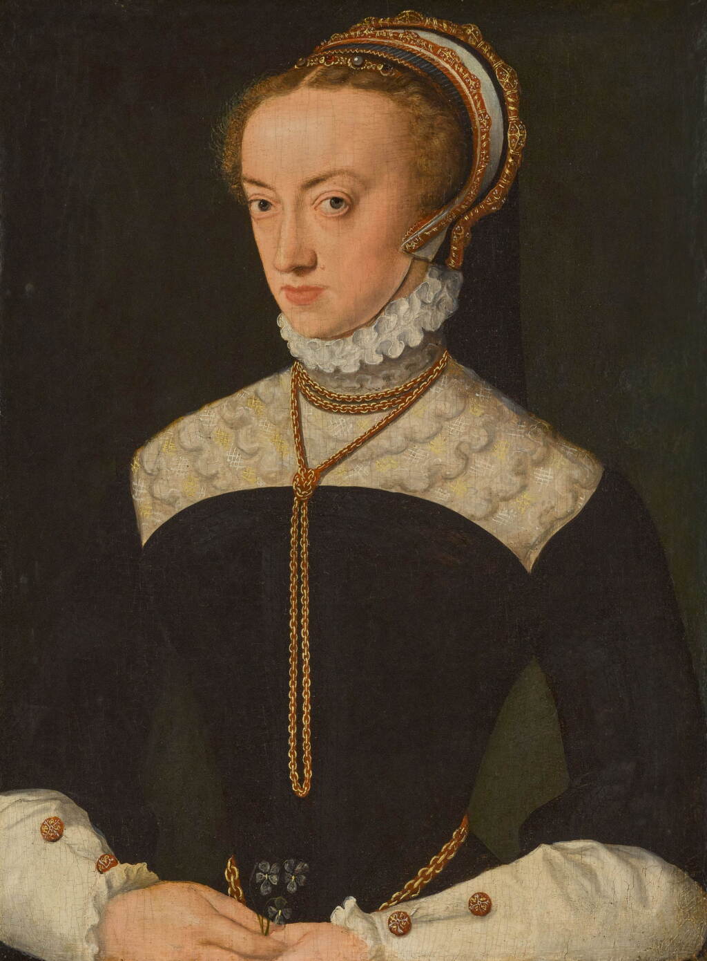 View full screen - View 1 of Lot 6. Portrait of a lady, half-length, wearing a black dress with white lace and a golden chain necklace, holding violets.