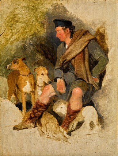 View full screen - View 1 of Lot 215. A Highland ghillie with two deerhounds and a terrier.
