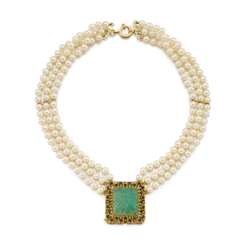View full screen - View 1 of Lot 86. Carved Emerald and Sapphire Pendant, with Cultured Pearl Necklace.