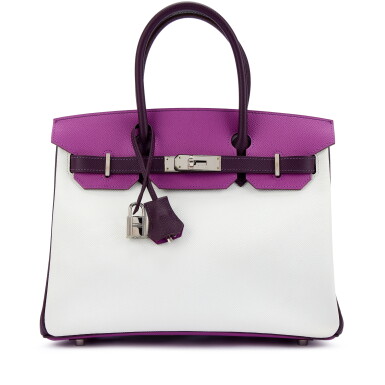 View full screen - View 1 of Lot 9712. White, Cyclamen and Violet Epsom Tri-color HSS Birkin 30 Palladium Hardware, 2010.
