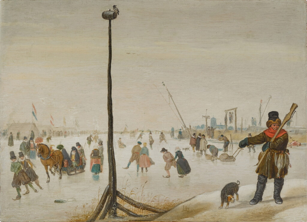 View full screen - View 1 of Lot 12. Winter landscape with a duck hunter and his dog, skaters on a frozen river, and a village beyond.