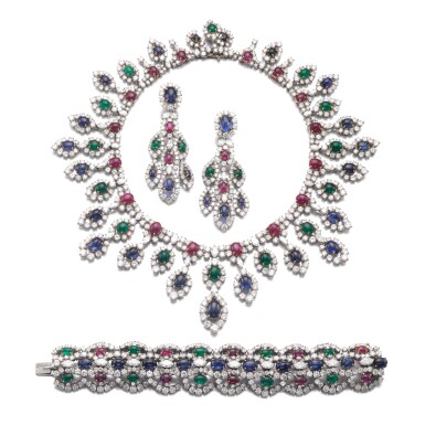 View full screen - View 1 of Lot 302. Ruby, sapphire, emerald and diamond parure | 海瑞溫斯頓 紅寶石、藍寶石、祖母綠及鑽石首飾套裝.