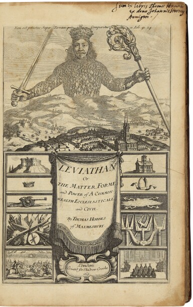 View full screen - View 1 of Lot 139. HOBBES, THOMAS | Leviathan, or The Matter, Forme, & Power of a Common-Wealth Ecclesiasticall and Civill. London: Printed for Andrew Crooke, at the Green Dragon in St. Pauls Church-yard, 1651.