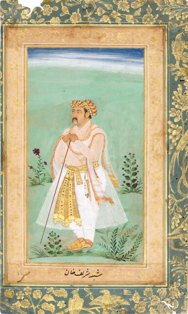 View full screen - View 1 of Lot 102. An illustration from Prince Khurram's Album: A portrait of the nobleman Sharif Khan, the reverse with calligraphy signed by Khurram (later known as Shah Jahan), India, Mughal, circa 1610.