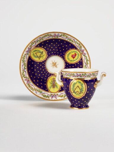 View full screen - View 1 of Lot 689. A Sèvres Porcelain Revolutionary Two-handled Cup and Stand (Gobelet à bandeau et soucoupe), circa 1793.