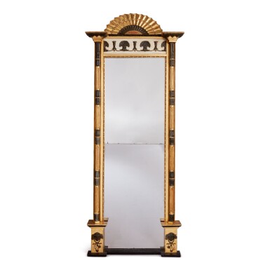 View full screen - View 1 of Lot 831. A SWEDISH GUSTAV IV CARVED GILTWOOD AND EBONIZED PIER MIRROR, CIRCA 1810.