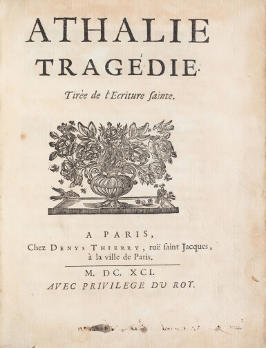 View full screen - View 1 of Lot 75. Athalie. Paris, Denys Thierry, 1691. In-4. Rel. de l'ép. Edition originale avec un EAS de Racine.
