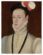 Portrait of a gentleman, bust length, wearing a fitted jacket, a ruff, a feathered cap, and a blue ribbon around his neck