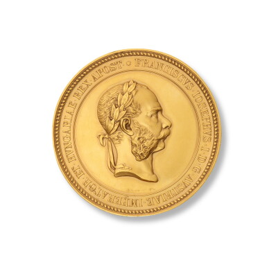 View full screen - View 1 of Lot 34. An Austrian gold commemorative medal, a restrike of the medal made on the occasion of Emperor Franz Joseph I of Austria’s visit to the Middle East, celebrating the official opening of the Suez Canal in Egypt in 1869, designed by Josef Tautenhayn (1837-1911), 20th century | Kaiser Franz Josef I. Goldmedaille, eine Nachprägung der Gedenkmedaille zum Anlass der offiziellen Eröffnung des Suezkanals im Jahre 1869, Österreich, 20. Jh..