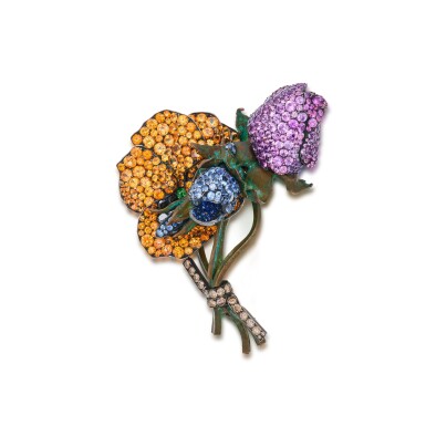 View full screen - View 1 of Lot 159. A Sapphire, Garnet and Diamond Clip-Brooch.