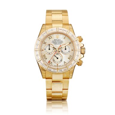 View full screen - View 1 of Lot 2122. Cosmograph Daytona, Reference 116568BR | A yellow gold and diamond-set chronograph wristwatch with mother-of-pearl dial and bracelet, Circa 2009 | 勞力士 | Cosmograph Daytona 型號116568BR | 黃金鑲鑽石計時鏈帶腕錶,備珠母貝錶盤,約2009年製.