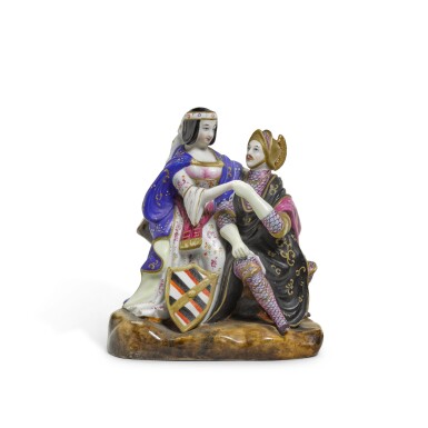 View full screen - View 1 of Lot 289. A biscuit porcelain figural group of a knight and his lady, Gardner Porcelain Factory, Verbilki, circa 1830-50.