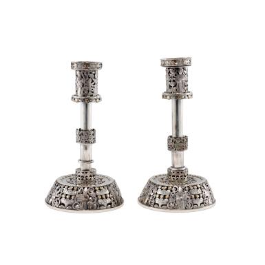 View full screen - View 1 of Lot 28. A Pair of American Silver and Gold Sabbath Candlesticks, Ilya Schor, New York, 1959.