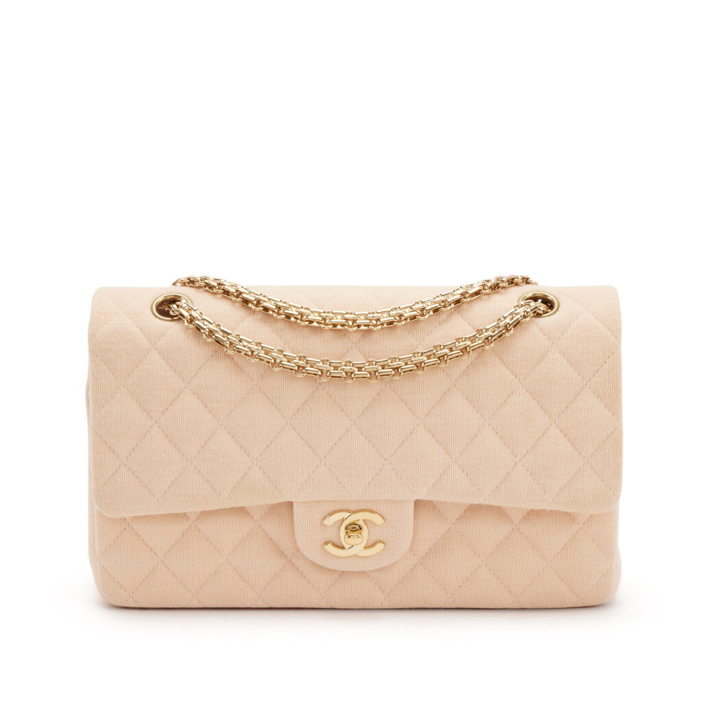 View full screen - View 1 of Lot 207. Beige Quilted Jersey Mademoiselle Chain Medium Double Flap Bag Gold Hardware, 2002-2003.