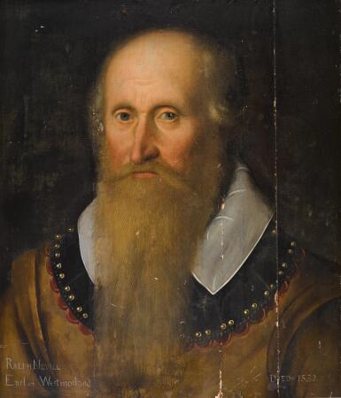 View full screen - View 1 of Lot 27. Portrait of a gentleman, traditionally identified as Ralph Neville, Earl of Westmorland, half-length, wearing a brown shirt and white collar.
