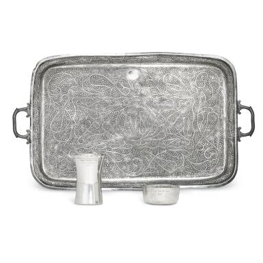 View full screen - View 1 of Lot 187. Mohandas K. Gandhi | Silver tray, cup, and bowl, said to have been used by Gandhi when visiting his friend Dr Pranjivan Mehta.