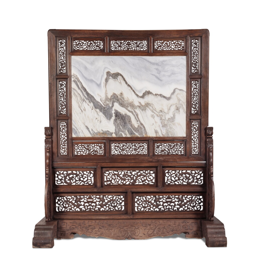 View full screen - View 1 of Lot 203. A very rare and large Dali marble-inset 'jichimu' and ‘tielimu’ floor screen (Zuoping), Late Ming / early Qing dynasty, 17th century.