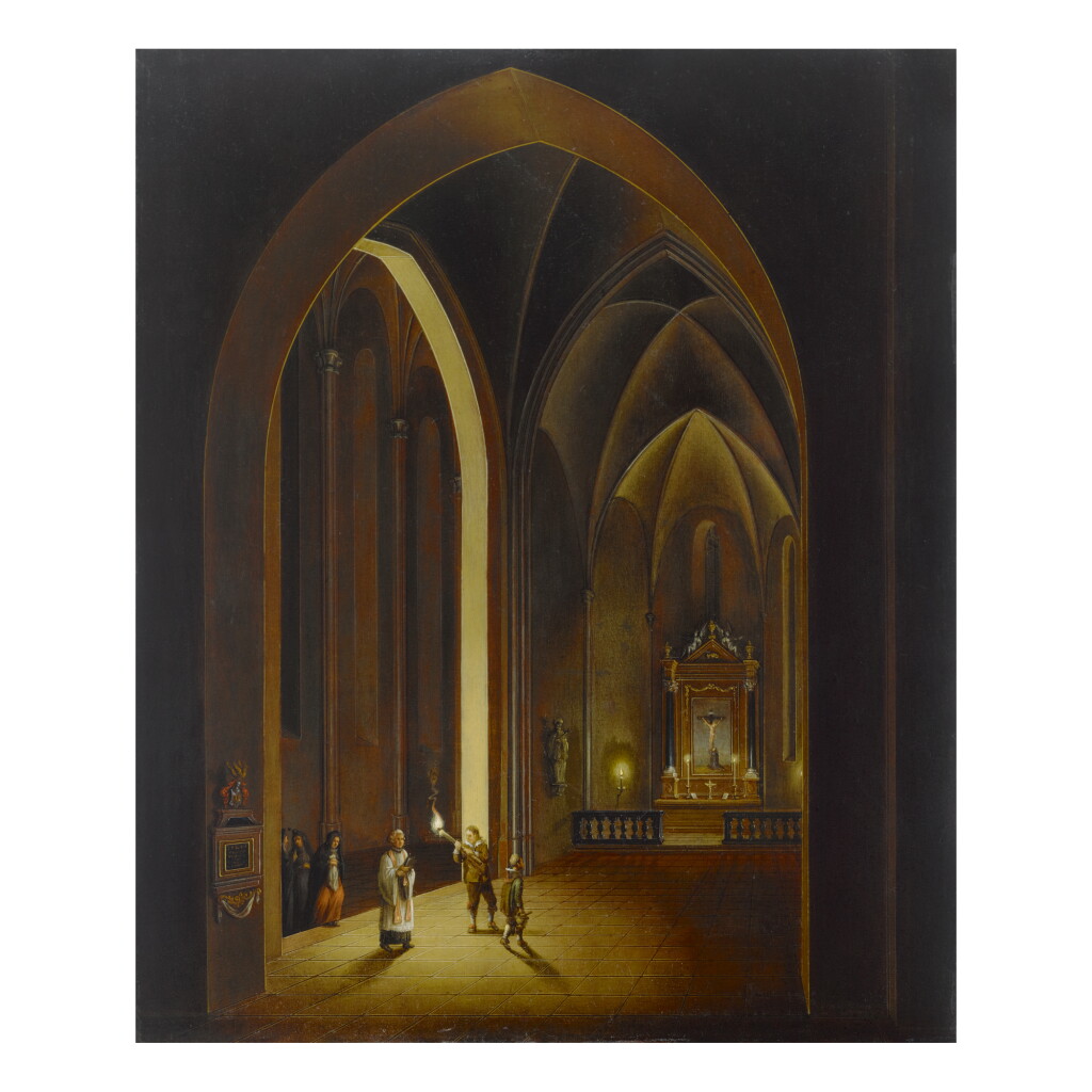 View full screen - View 1 of Lot 131. JOHANN LUDWIG ERNST MORGENSTERN | CANDLELIT CHURCH INTERIOR .
