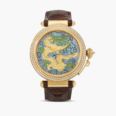 View full screen - View 1 of Lot 48. Pasha, Reference 2832J | A yellow gold and diamond-set wristwatch with dial adorned with dragon motif rendered in jade, yellow gold and diamonds, against a mother-of-pearl backdrop | Circa 2000.